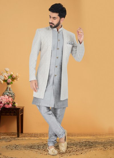 Grey and Silver Embroidered Engagement Indo Western