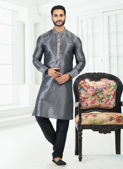 Grey Digital Print Banarasi Silk Kurta Pyjama