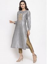 Grey Dupion Silk Embroidered Readymade Salwar Suit