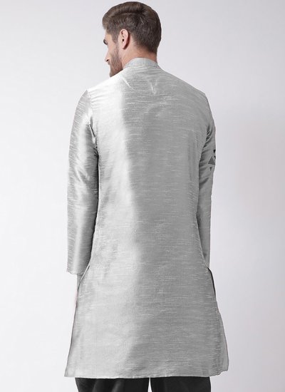 
                            Grey Embroidered Dupion Silk Kurta