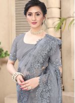 Grey Embroidered Festival Bollywood Saree