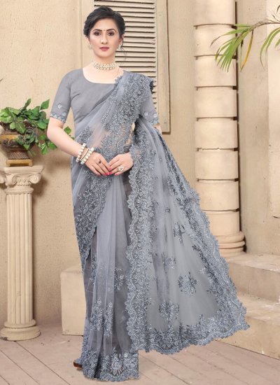 Grey Embroidered Festival Bollywood Saree