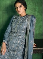 Grey Faux Chiffon Embroidered Designer Straight Suit