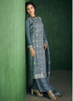 Grey Faux Chiffon Embroidered Designer Straight Suit