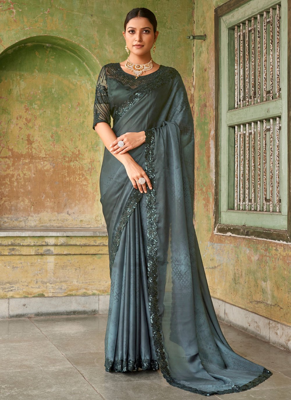 New Grey Color Beautiful Satin Saree With Elegant Black Sequence Blouse