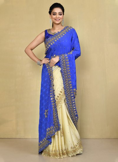 Gripping Blue Embroidered Jacquard Contemporary Saree