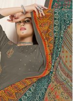 Gripping Embroidered Grey Pashmina Straight Salwar Kameez