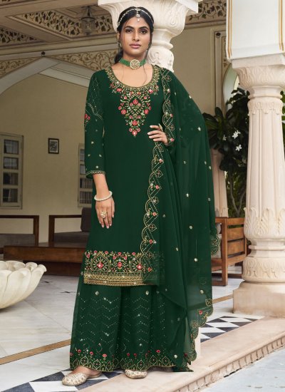 Gripping Faux Georgette Green Embroidered Straight Salwar Kameez