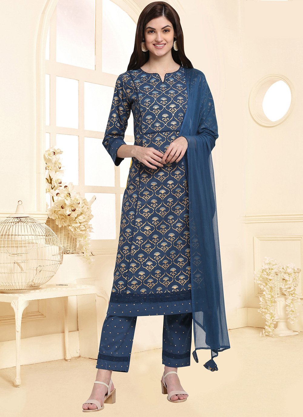 Blue Readymade Pant Style Suit In Chiffon 4165SL14