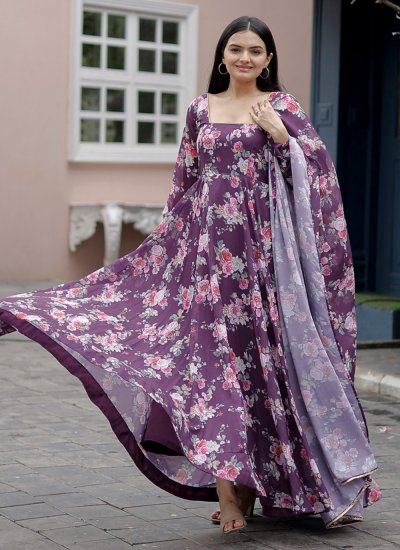 Gripping Purple Digital Print Faux Georgette Gown 