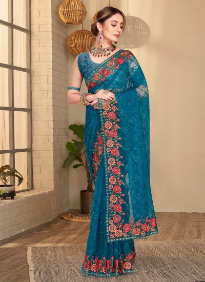 Gripping Teal Ceremonial Trendy Saree