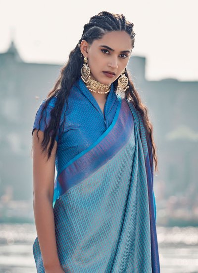 
                            Groovy Silk Aqua Blue Weaving Trendy Saree