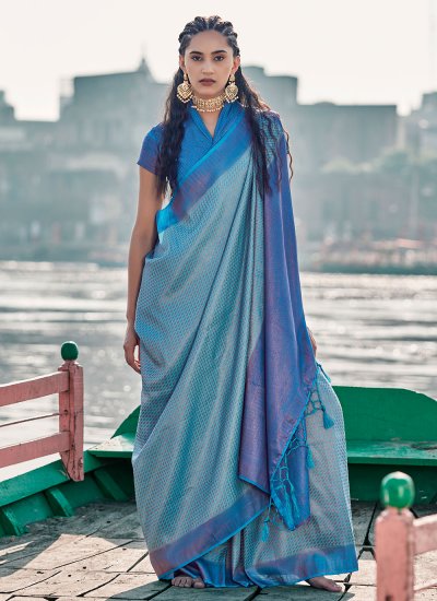 Groovy Silk Aqua Blue Weaving Trendy Saree
