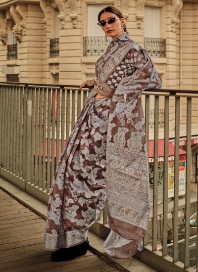 Handloom Cotton Chikankari Work Contemporary Saree in Brown