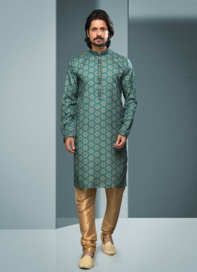 Handloom Cotton Digital Print Kurta Pyjama in Green