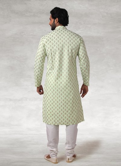 Handloom Cotton Printed Green Kurta Pyjama