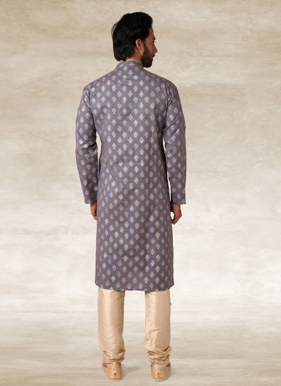 Handloom Cotton Printed Grey Kurta Pyjama