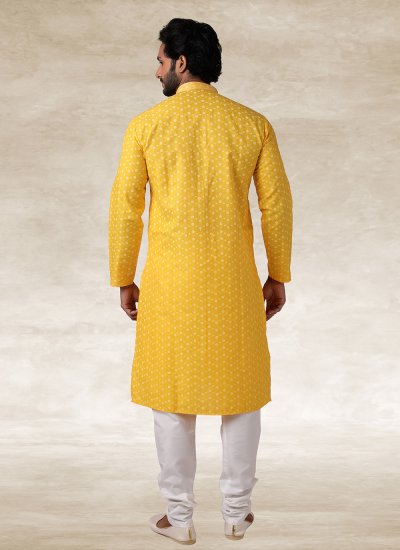 Handloom Cotton Yellow Printed Kurta Pyjama