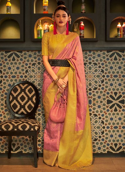 Handloom silk Mustard and Pink Contemporary Style Saree