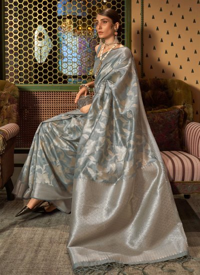 Handloom silk Weaving Grey Contemporary Saree