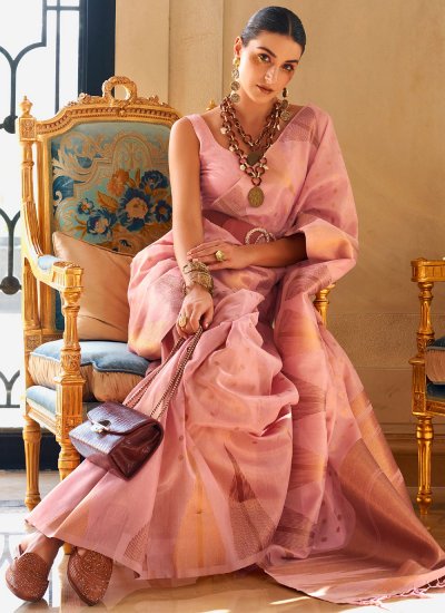 Handloom silk Zari Pink Trendy Saree