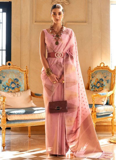 Handloom silk Zari Pink Trendy Saree