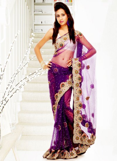 Handwork Net Designer Saree in Purple
