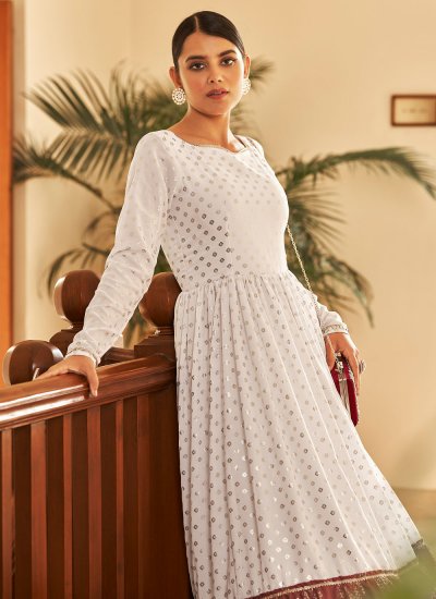 Heavenly Foil Print Off White Faux Georgette Designer Gown