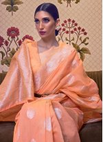 Heavenly Linen Weaving Orange Classic Designer Saree