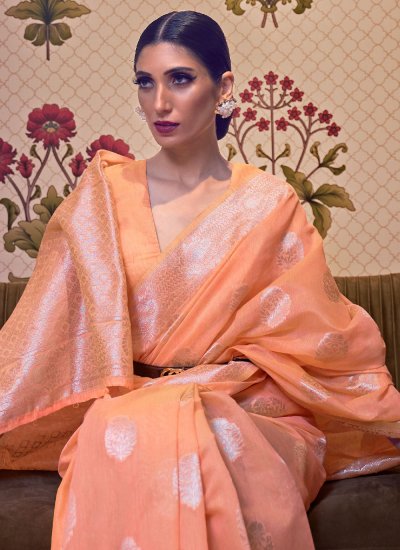 
                            Heavenly Linen Weaving Orange Classic Designer Saree