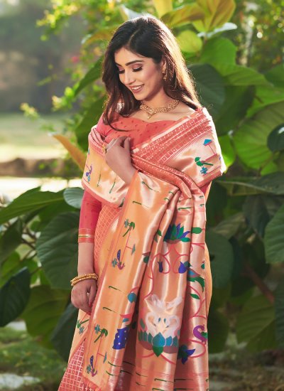 Heavenly Silk Floral Print Peach Designer Saree