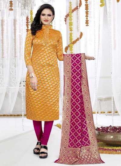 Heavenly Yellow Weaving Fancy Fabric Churidar Suit