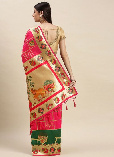 Hot Pink Banarasi Silk Sangeet Designer Traditional Saree