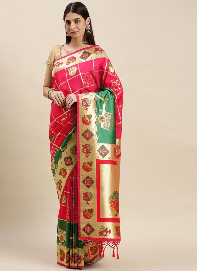 Hot Pink Banarasi Silk Sangeet Designer Traditional Saree
