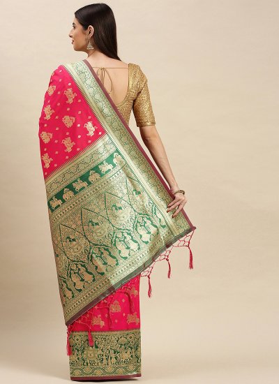 Hot Pink Banarasi Silk Sangeet Traditional Designer Saree