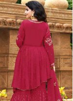 Hot Pink Embroidered Faux Georgette Designer Palazzo Suit