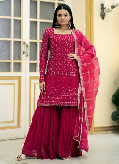 Hot Pink Faux Georgette Thread Designer Salwar Kameez