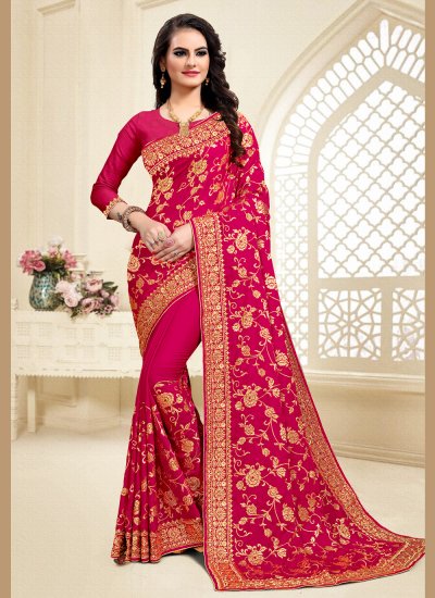 Hot Pink Resham Satin Silk Designer Saree
