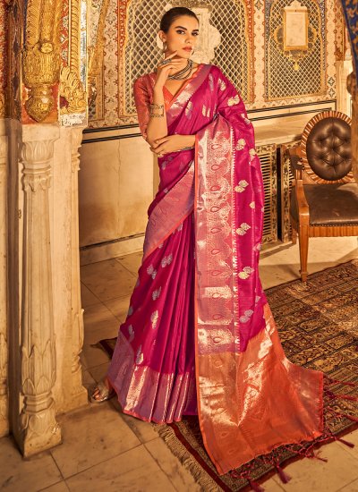 Hot Pink Tussar Silk Weaving Contemporary Style Saree