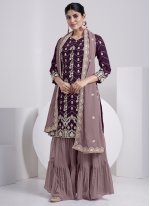 Hypnotic Purple Embroidered Faux Georgette Sharara Set