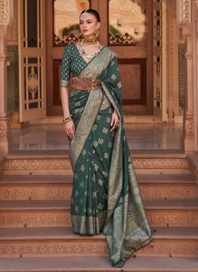 Hypnotizing Green Woven Banarasi Silk Classic Saree