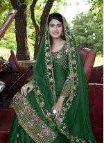 Hypnotizing Satin Green Embroidered Designer Pakistani Salwar Suit