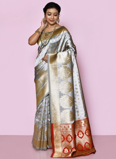 Hypnotizing Weaving Grey Kanjivaram Silk Trendy Saree