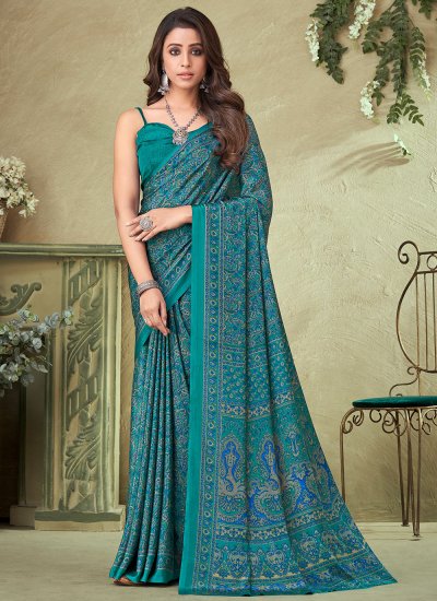 Ideal Crepe Silk Turquoise Printed Saree