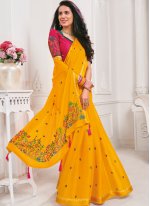 Ideal Embroidered Mustard Faux Chiffon Trendy Saree