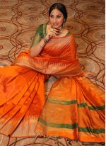 Ideal Raw Silk Orange Designer Traditional Saree