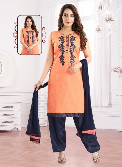 Immaculate Embroidered Peach Chanderi Cotton Salwar Suit