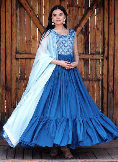 Immaculate Printed Aqua Blue Chinon Gown 