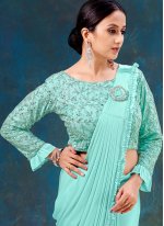 Immaculate Turquoise Embroidered Lycra Ready Pleated Saree