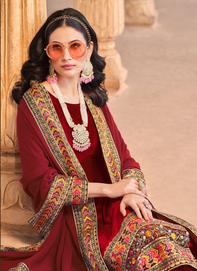Immaculate Velvet Red Sequins Straight Salwar Kameez